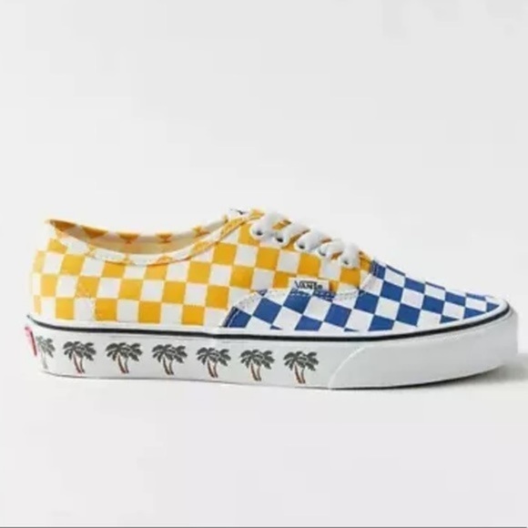 VANS Limited Edition Checkered Palm Tree Sneakers Yellow Blue Low Top 9.5 Women - Picture 1 of 5